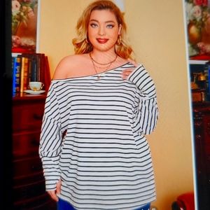 Shein Plus Stripe Asymmetrical Off shoulder Long Sleeve Blouse